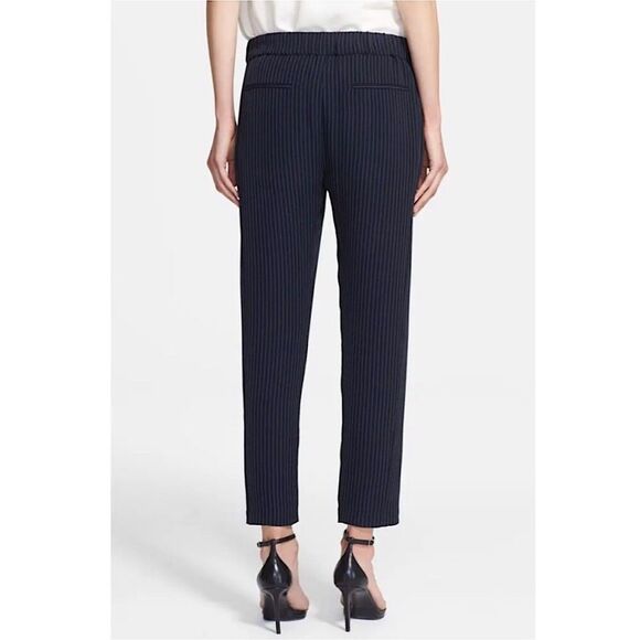 Theory Korene Pants Silk Pinstripe Pull-On Cropped Ankle Womens Navy Blue M - Picture 3 of 7